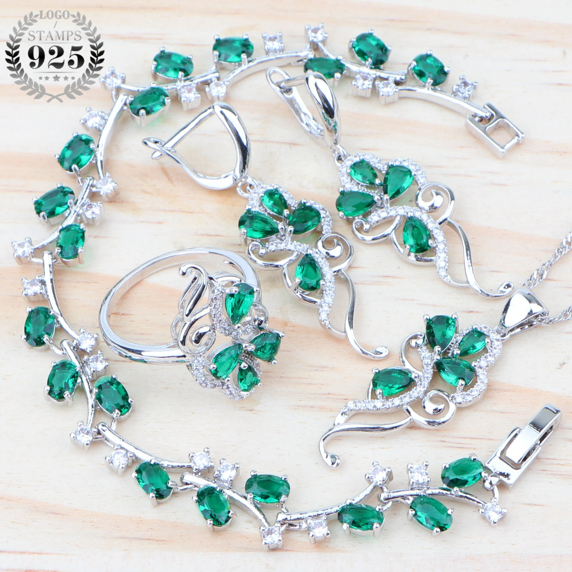 Свадебные ювелирные наборы 925 Серебряный Зеленый Цирконий Женские аксессуары