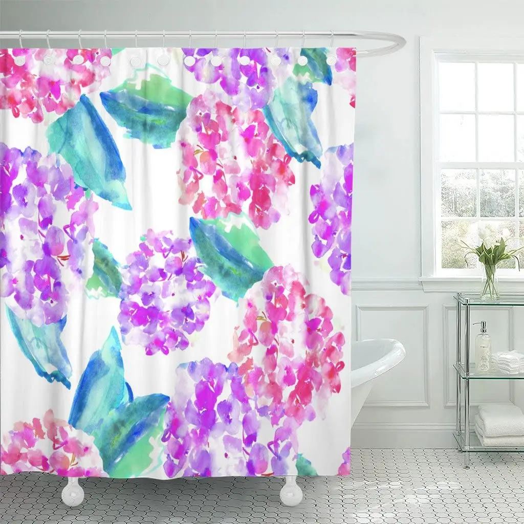 Синие цветы акварельные гортензии узор ярко розовый красочный пучок занавески для душа водонепроницаемая