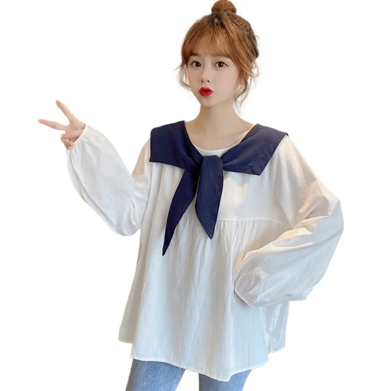 

Autumn Korean Version Of The Lovely Joker Matching Color Navy Collar Design Long Sleeve Blouse Women's Sweet T-Shirt