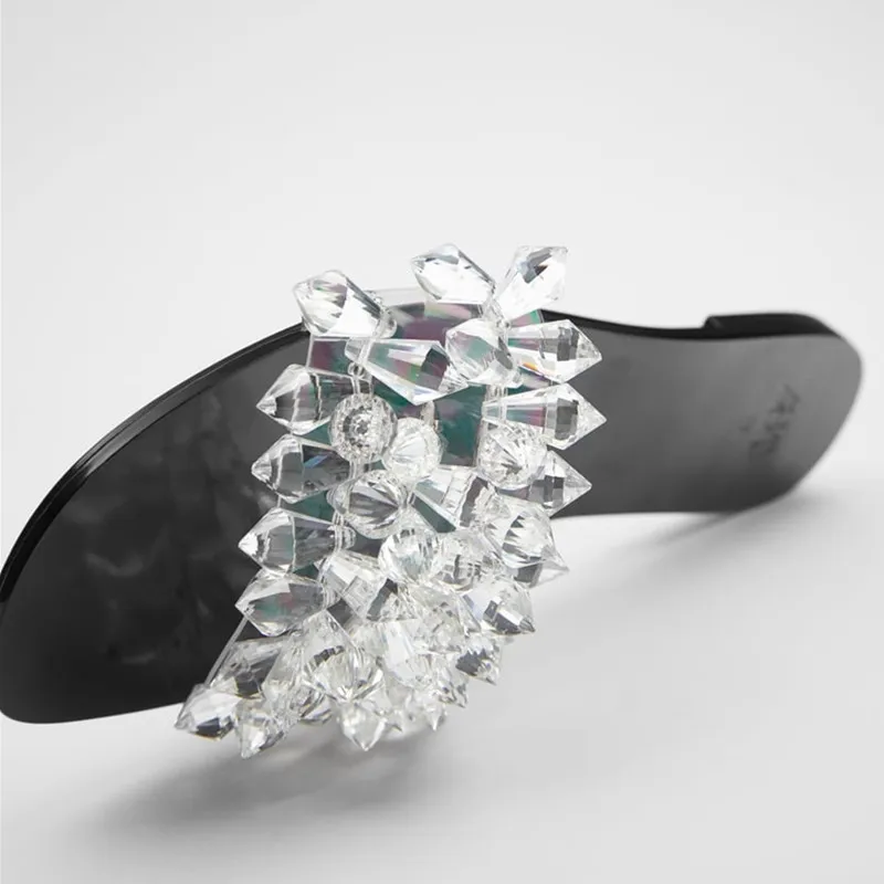 Женские сланцы с блестящими стразами пляжные тапочки прозрачным верхом на