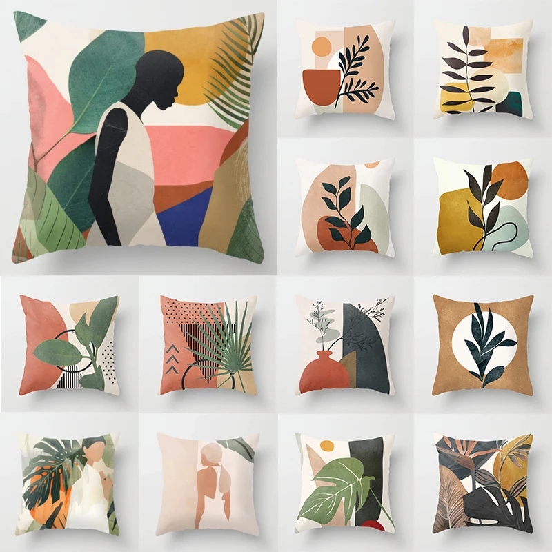 

Nordic Geometric Abstract Pillowcases Modern Art Brown Tropic Plant Pillow CaseThrow Seat Soft Sofa Cushion Cover Decorative