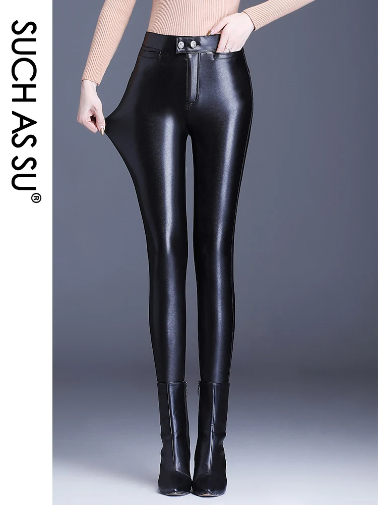 

Snake Print Leather Pants Black High Waist Pencil Button Faux Leather Trousers Women Casual Pencil Length Pants Streetwear Pants