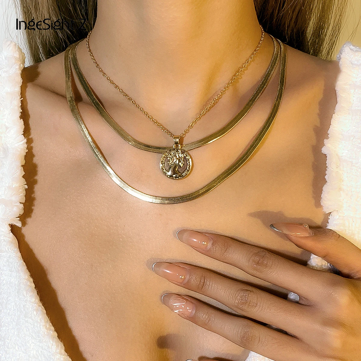 

IngeSight.Z Copper Flat Snake Chain Choker Necklace Multi Layered Carved Coin Pendant Necklaces for Women Statement New Jewelry
