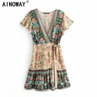 Винтажное шикарное модное женское платье с цветочным принтом, V-образным вырезом, хлопковое пляжное богемное мини-платье с запахом и коротким рукавом, женские платья в стиле бохо, Халат