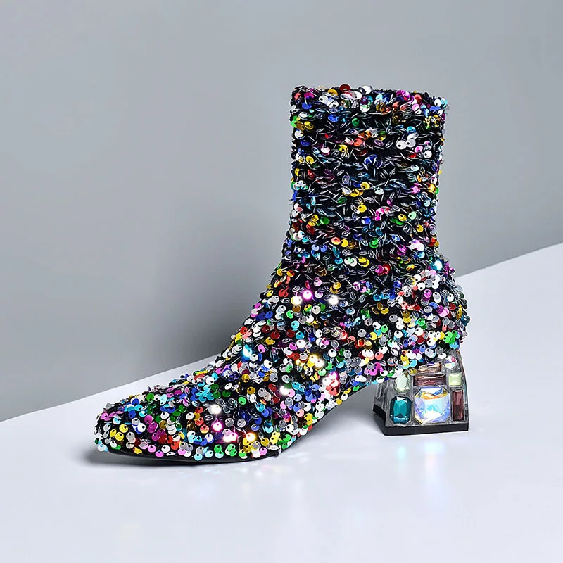 Phoentin bling colorful women boots 2020 winter ladies party shoes crystal mid heels club round toe ankle boot FT1170