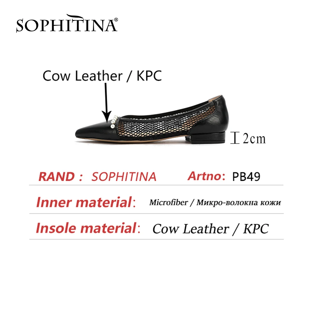 

SOPHITINA Flat Woman Genuine Leather Pointed Toe Shallow V-shape Mesh Pearl Decoration Offcie Lady Shoes PB49