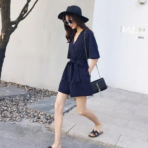 Summer V-neck High Waisted Striped Playsuit Sashes Short Sleeve Women Romper Bodysuit 2020 Jumpsuit femininas DV719 | Женская одежда