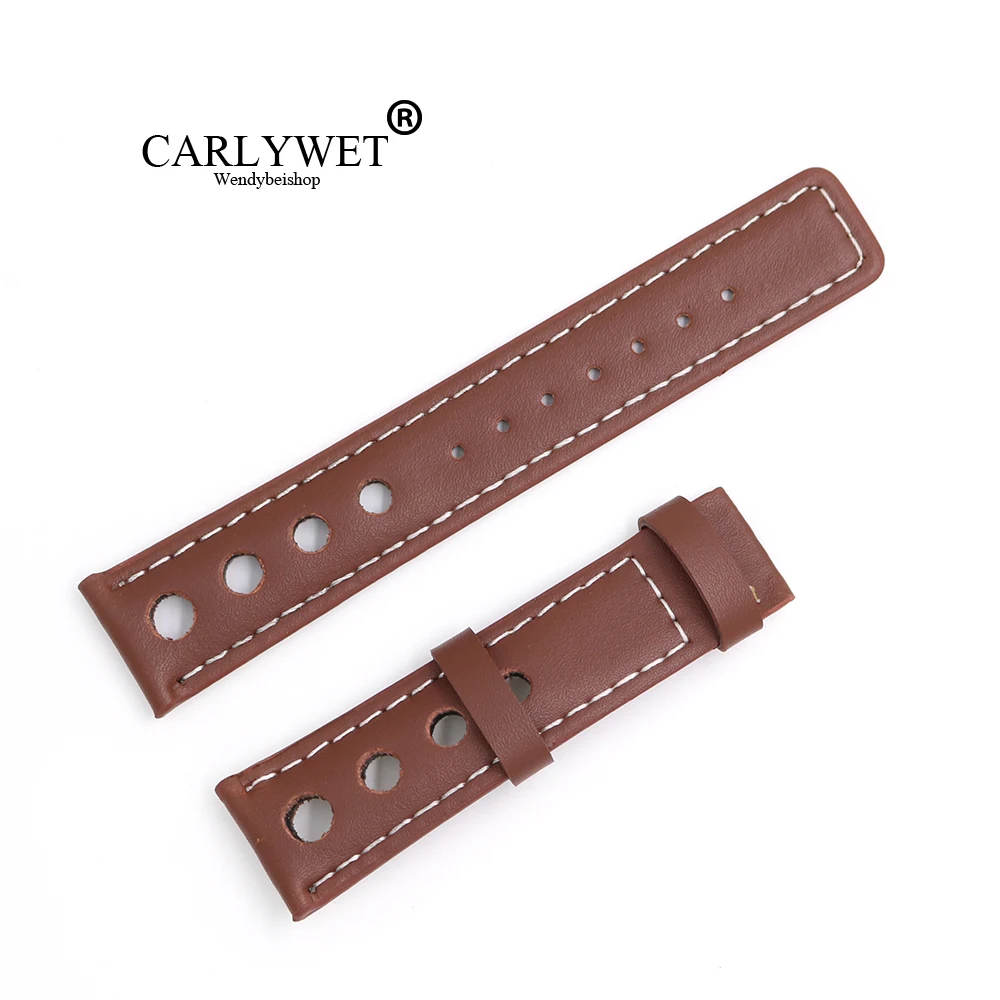 

CARLYWET 20mm Popular Man Women Real Calf Leather Handmade Brown With White Stitches Wrist Watch Band Strap Belt Without Clasp
