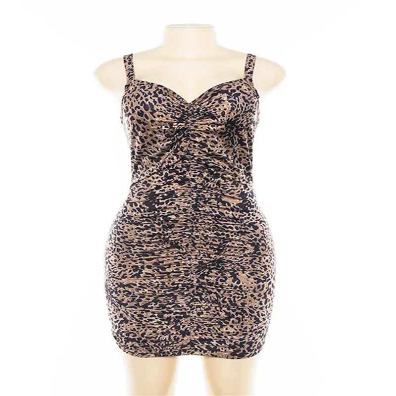 

Sexy Womens Leopard V Neck Sling Bodycon Dress Summer Fashion Sexy Sleeveless Low-cut Hip Mini Dress Club Party Wear