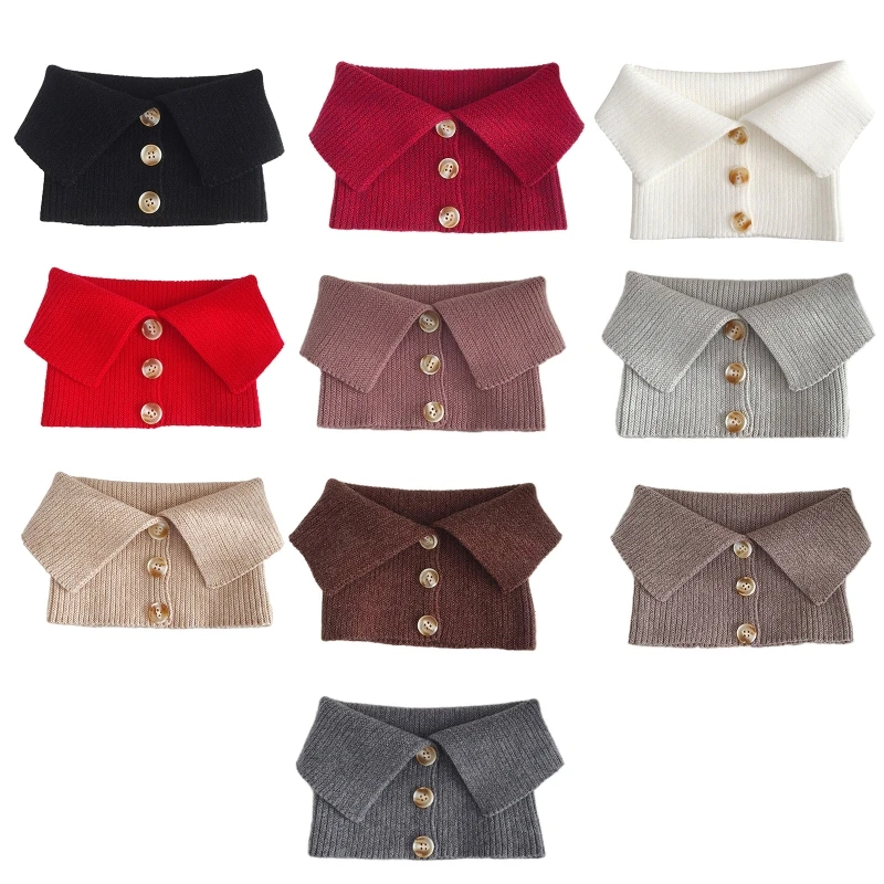 Women Buttons Decorative Turtleneck Fake Collar Solid Color Knitted Warm Circle Scarf Windproof Stretchy Neck Warmer | Аксессуары для