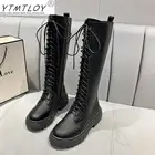 Женские кожаные ботинки на высокой платформе, черные боевые ботинки до колена, на шнуровке, в готическом стиле, осень 2021