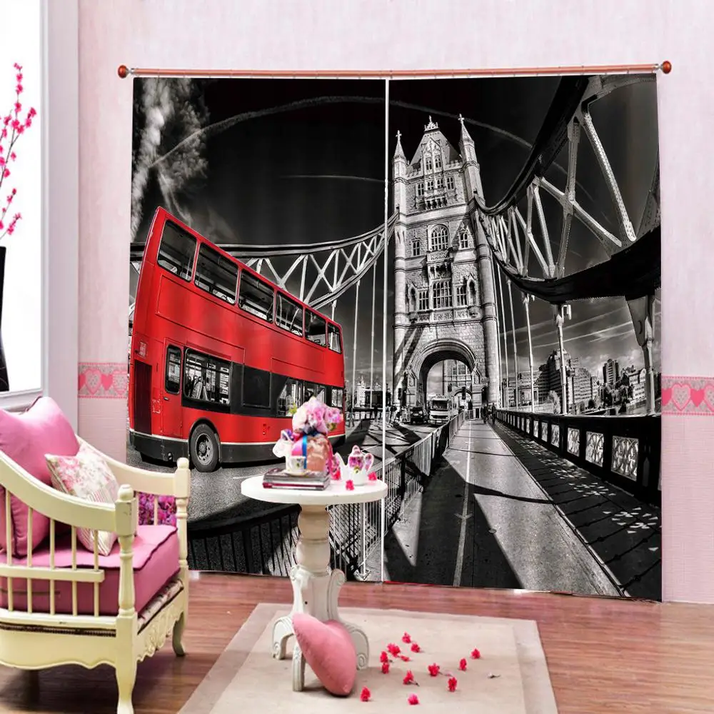 Городской пейзаж Фотофон с красным автобусом башней дорожным знаком занавеска