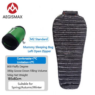 M2-Black-Standard AEGISMAX M2 FP800 гусиный пух спальный мешок 36℉~ 45℉ Сверхлегкий Открытый Мумия сплайсинга Тип кемпинг теплый спальный мешок ветрозащитный - Цвет: M2-Black-Standard