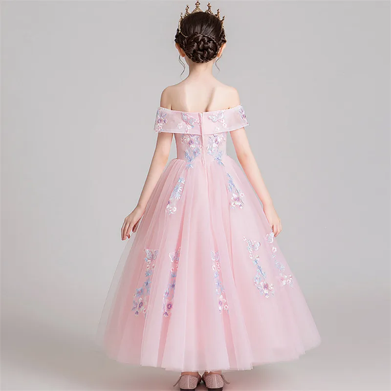 

Children Girls Luxury Shoulderless Sweet Pink Color Birthday Wedding Party Princess Long Mesh Dress Kids Host Costumes Dress