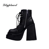 european and american fashion round toe zipper womens shoes super high thick heel leather ankle boots womens platform heels