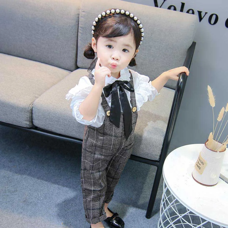Baby Clothes Lace White Shirt + Jumpsuit 2 Pcs Girls Outfits Plaid Overalls Spring Autumn Formal Suit For | Детская одежда и обувь
