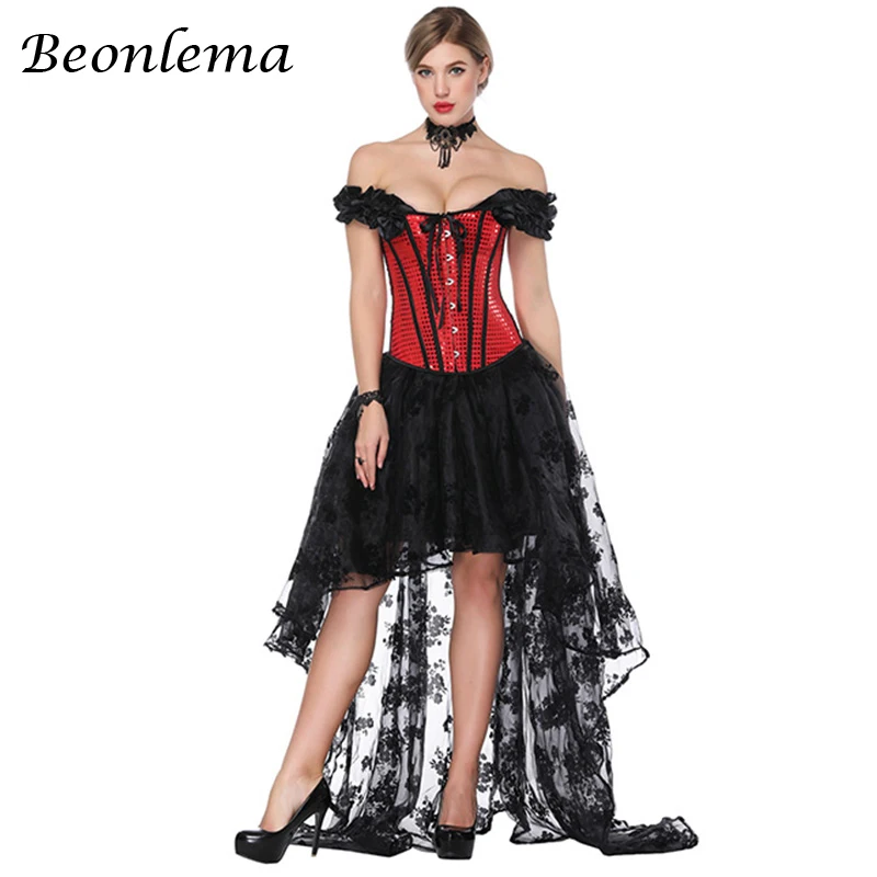 Black Red Beonlema красный корсет с юбкой с открытыми плечами Готический сексуальный бюстье женский лиф модный костюм для бурлеска - Цвет: Black Red