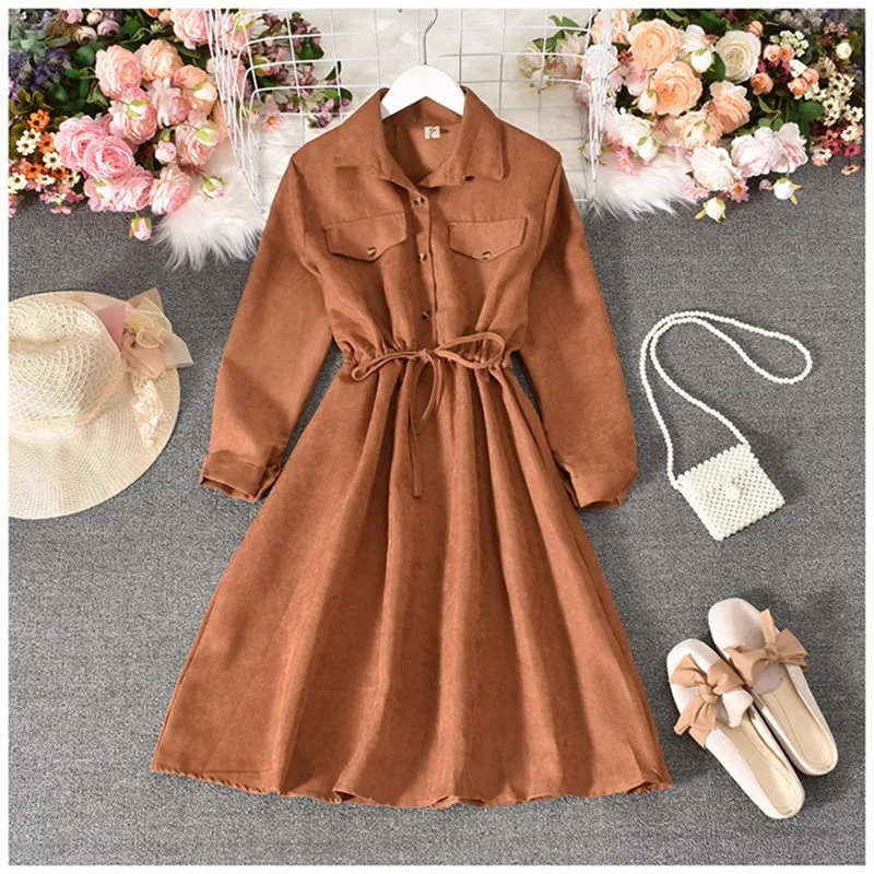 Женское вельветовечерние платье с длинным рукавом и поясом повседневное