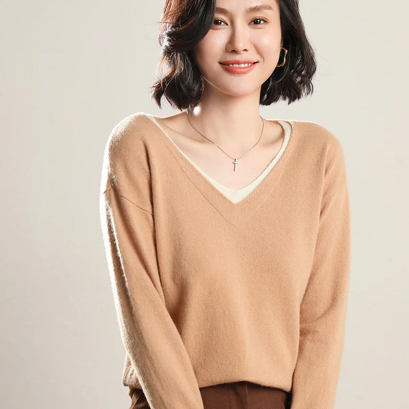 

Smpevrg New 100% Wool Sweater Women V-Neck Stitching Fake Two-Piece Women's Pullover Long-Sleeved Casual Wool Top