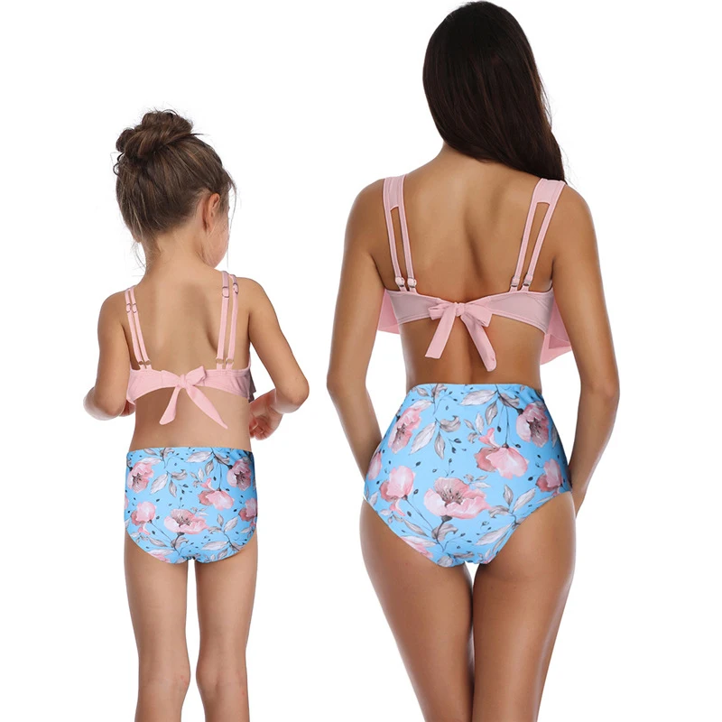 

2 Piece Swimsuit Suit Mother Daughter Matching Sets Ruffles High Waist Bikini 2021 Women Kids Swimwear For Girls 3 -12 Years