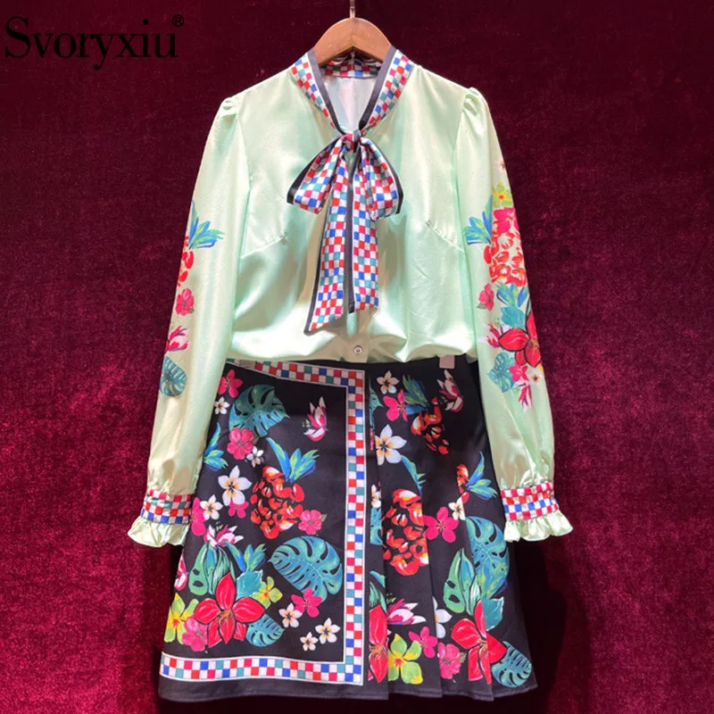 

Svoryxiu Runway Fashion Autumn Skirt Suit Women's Elegance Bow Collar Long Sleeve Blouse + Flower Print Skirt Two Piece Se