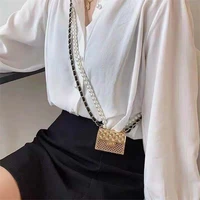 mini chain bag metal hollow rhinestone lattice bag pearl chain waist hanging decoration female crossbody bags womens handbags
