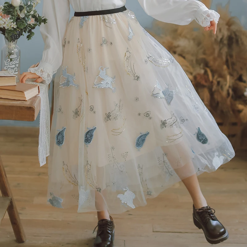 

Women 2 Piece Set 2021 Spring New Lace Peter pan Collar Long Sleeve Bow Shirt + Mesh Embroidered Skirt Suits