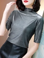 new summer retro style stylish bright silk woman tops shiny short sleeve t shirt sexy club aesthetic harajuku women tshirt
