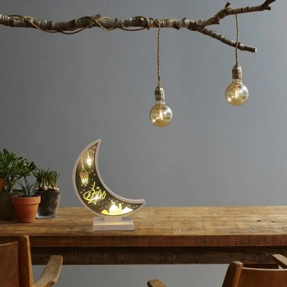 

Ramadan Mubarak Decorations Wooden Art Craft Muslim LED Light Crescent Handicraft Ornament For home decor