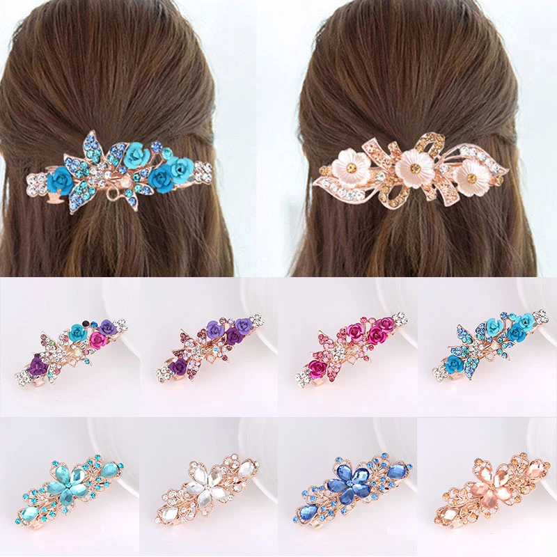 

New Rhinestone Flower Hollow Hairpins Colorful Crystal Peacock Hair Clips for Women Pearl Barrettes Spring Clips Headwear