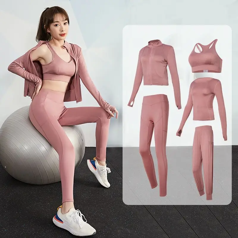 

VANSYDICAL 5 Piece Yoga Set Women Compressed Running Fitness Clothing Quick Dry Gym Wear Sport Suit Workout Tracksuit for Women