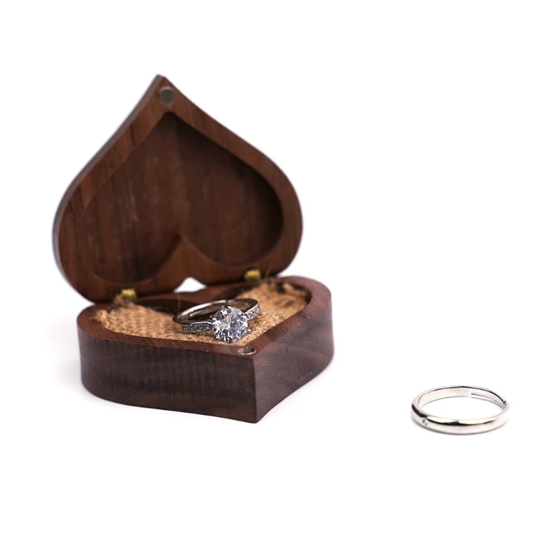 

Heart Shaped Walnut Wood Ring Box Proposal Engagement Ring Holder Velvet Soft Interior Jewelry Ring Earrings Wooden Box