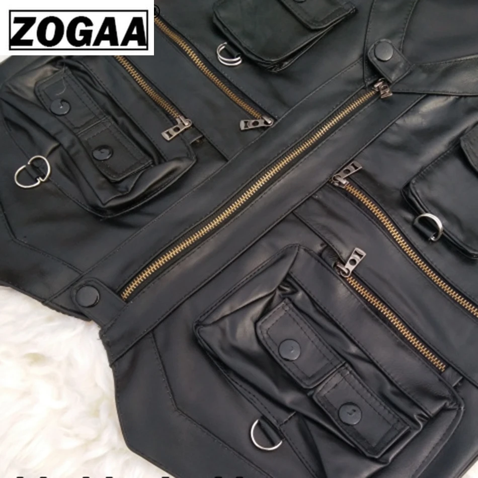 Мужской жилет с несколькими карманами черный для фотографии натуральная кожа