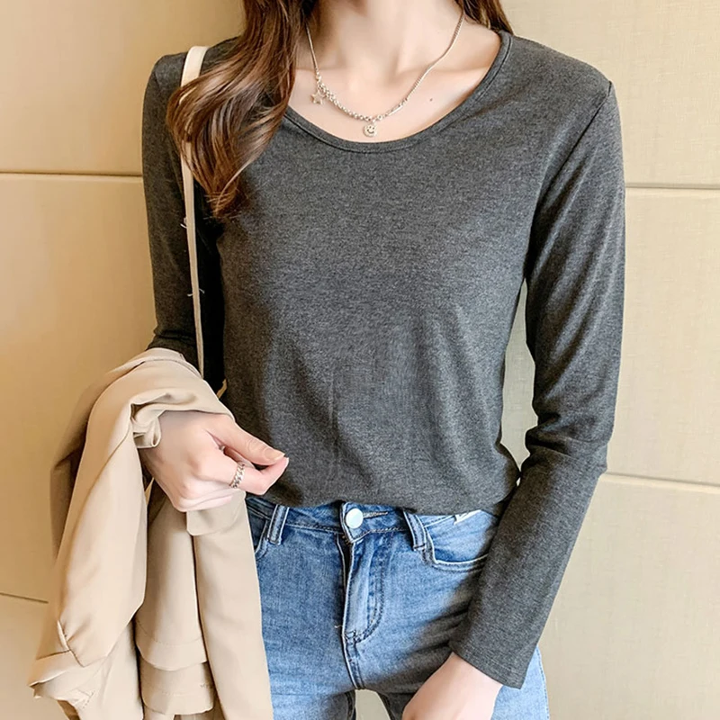 

Женская Модальная футболка, однотонная Базовая Универсальная Повседневная футболка с круглым вырезом и длинным рукавом, весна 2022