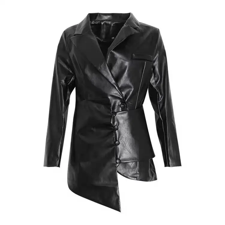 WHITNEY WANG Autumn Winter Fashion Streetwear Asymmetrical PU Jacket Women Faux Leather Jacket Coat Outerwear