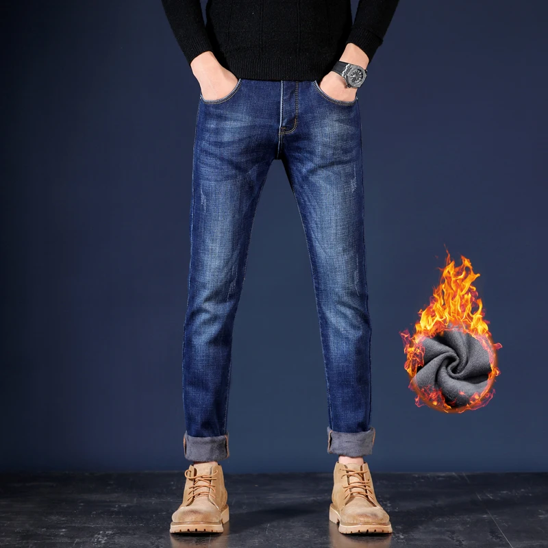 Men'S Pants Jeans Winter Warm Black Blue Slim Business Denim Trousers Biker High Quality Male Straight Casual Designer