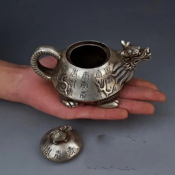 

LAOJUNLU White Copper Dragon Turtle Pot Ornaments Brass Silver Plated Teapot Imitation Antique Copper Pot Decorative Gifts
