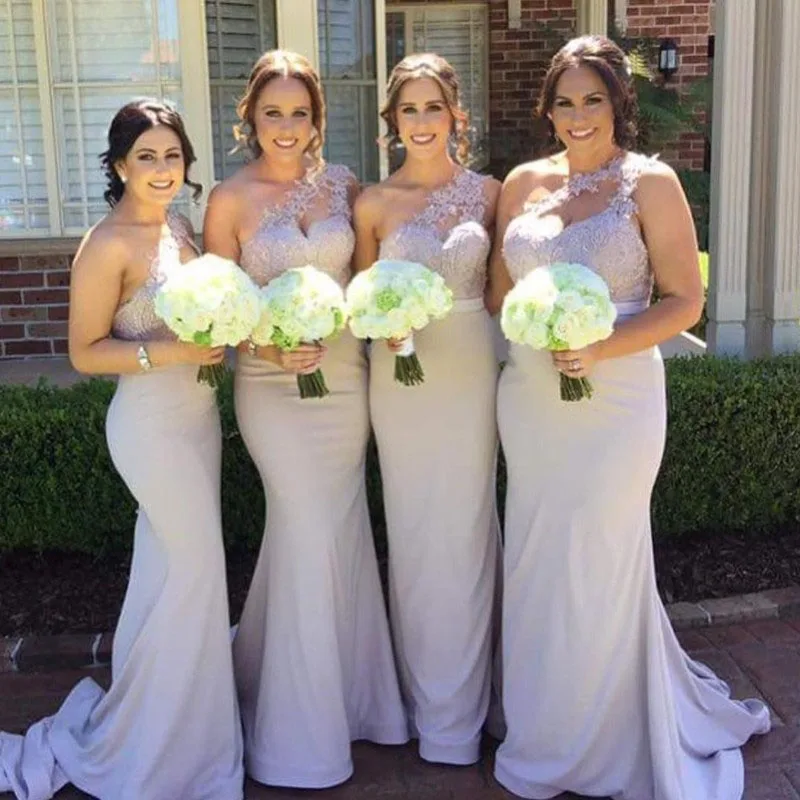

Custom Made Simple Cheap One Shoulder Silver Mermaid Satin Wedding Guest Bridal Bridesmaid Dress