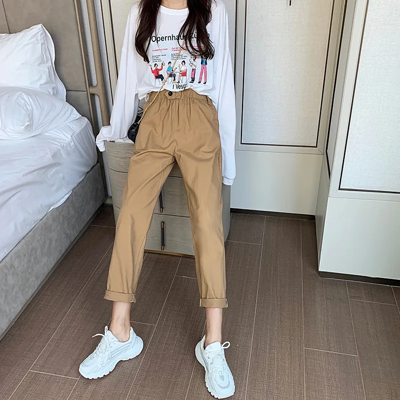 

Womens Straight Casual Pants Fashion Overalls Korean High Waist Harem Pants Loose Elastic Waist Plus Size Pants Women Trousers