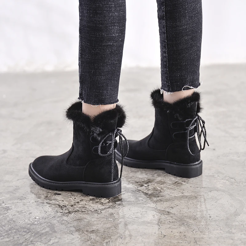 Women's Mid-Calf Boots Winter Leather Snow Boots Plush Warm Woman Shoes Low Heels Ladies Winter Boot Shoes Plus Size 43