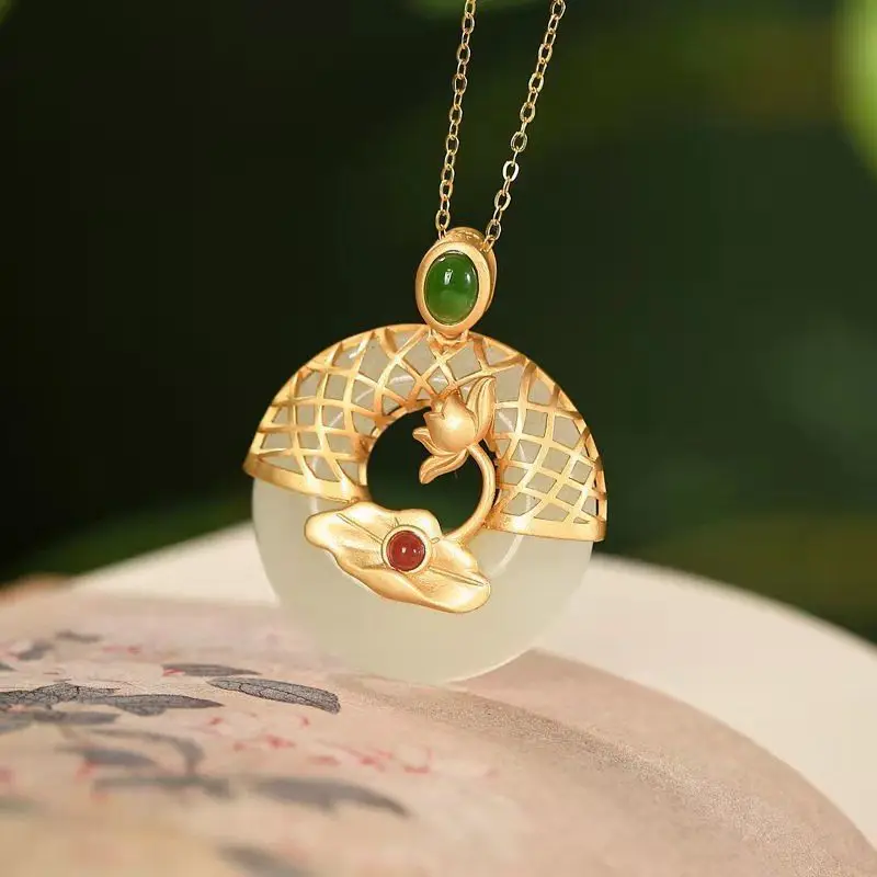 

Original ancient gold craftsmanship inlaid lotus natural Hetian jade necklace pendant simple fashion ladies silver jewelry
