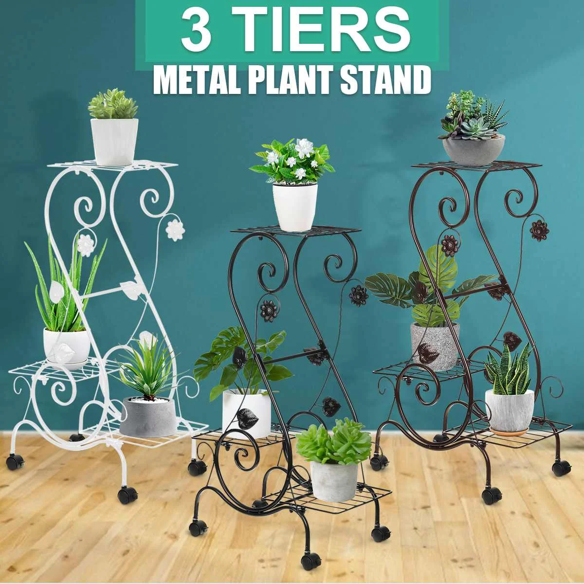 

3 Tier Plant Shelves Metal Flower Stand Pot Bonsai Display With Wheels Storage Rack Holder Organizer Patio Garden Home Decor
