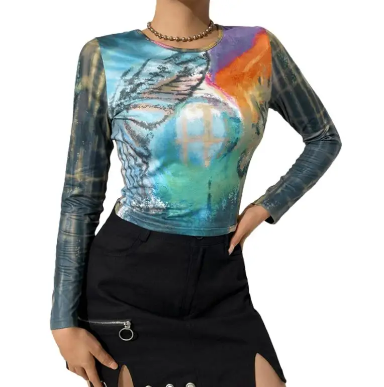 

Женская футболка с цветными вставками, укороченный Топ с длинным рукавом и круглым вырезом для взрослых на осень