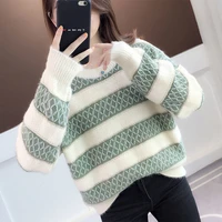top green autumn ladies sweater loose pullover diamond plaid striped sweater winter thick and warm harajuku fashion sweater