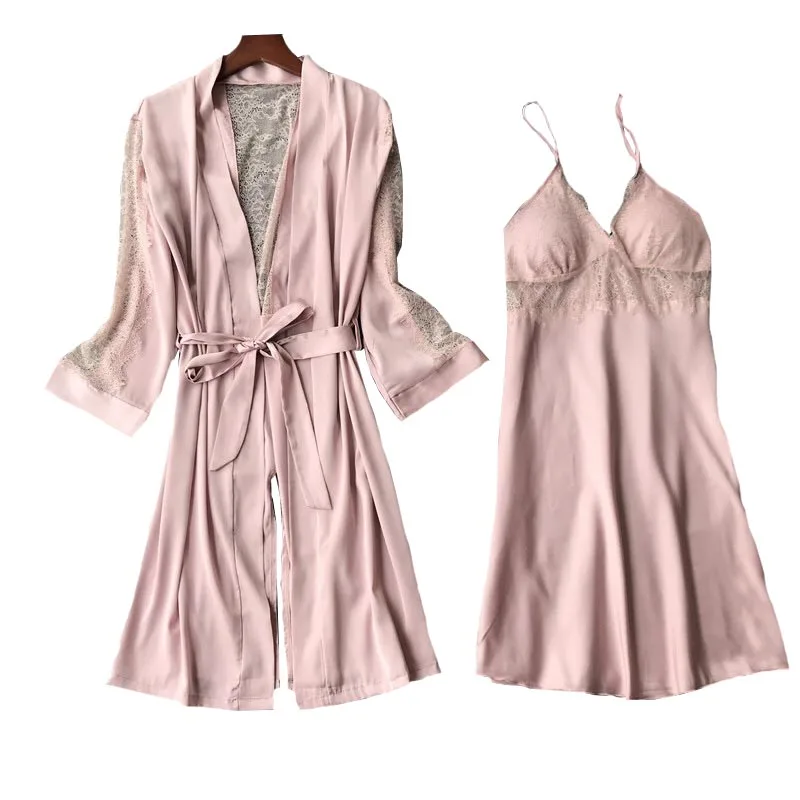 Сексуальная кружевная ночная рубашка Женский однотонный Шелковый кардиган +