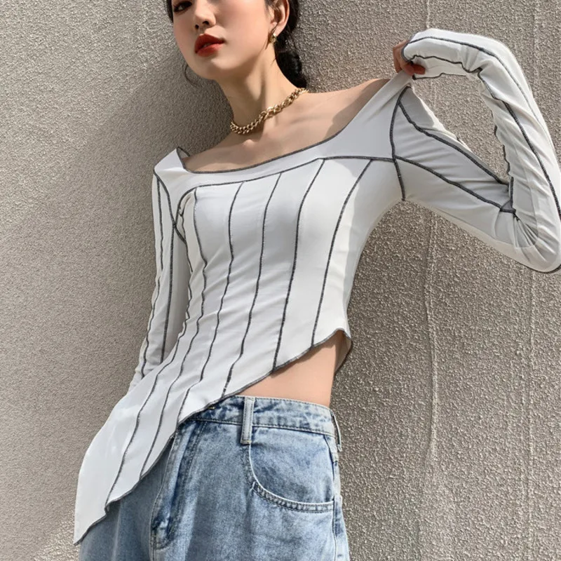 

2021 Fashion T Shirt Women Contrast Stitch Tshirt Casual Long Sleeve Asymmetrical Top Square Neck Striped Designer Top S095