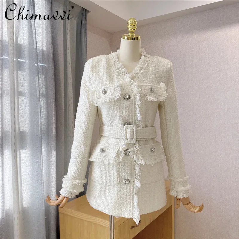 

2021 Winter Ladies V-neck Double Pocket Mid-Length Wool&blends Women's Fashion Elegant White Pinch Thickened Tweed Tassel Coat