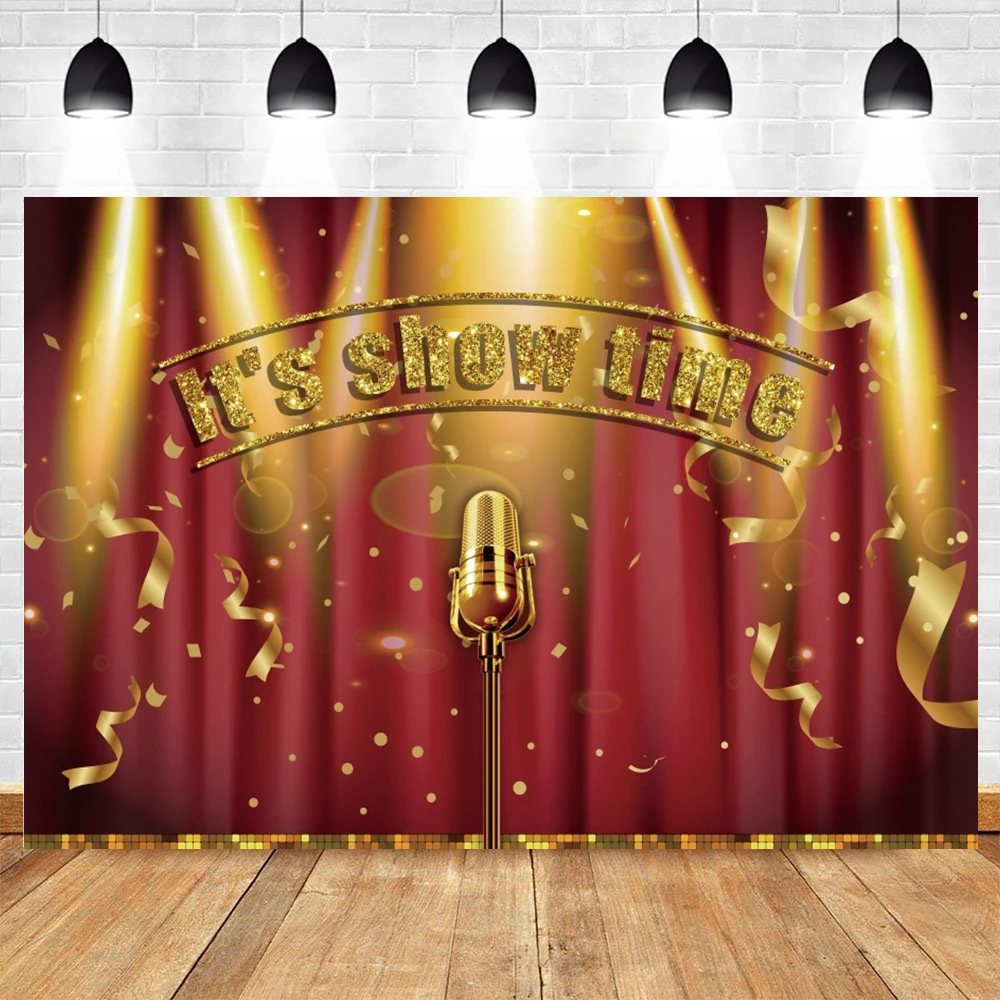 Виниловый фон для фотографий It's Show Time с микрофоном красным занавесом и