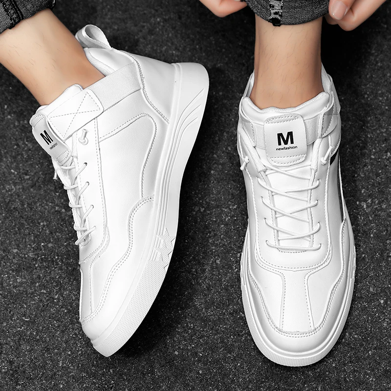 

Кроссовки мужские кожаные, брендовые Модные средние кеды, роскошная обувь на плоской подошве, белые, весна-осень