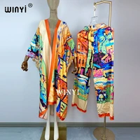 2021 new fashion africa two piece suit boho printed over size traf robe kimonno dress women elastic silk floor length caftan